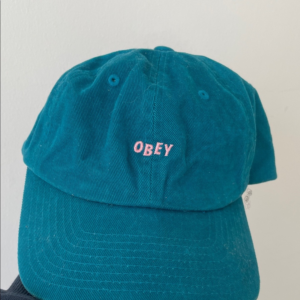 Obey Turquoise Cap with Pink Embroidery
